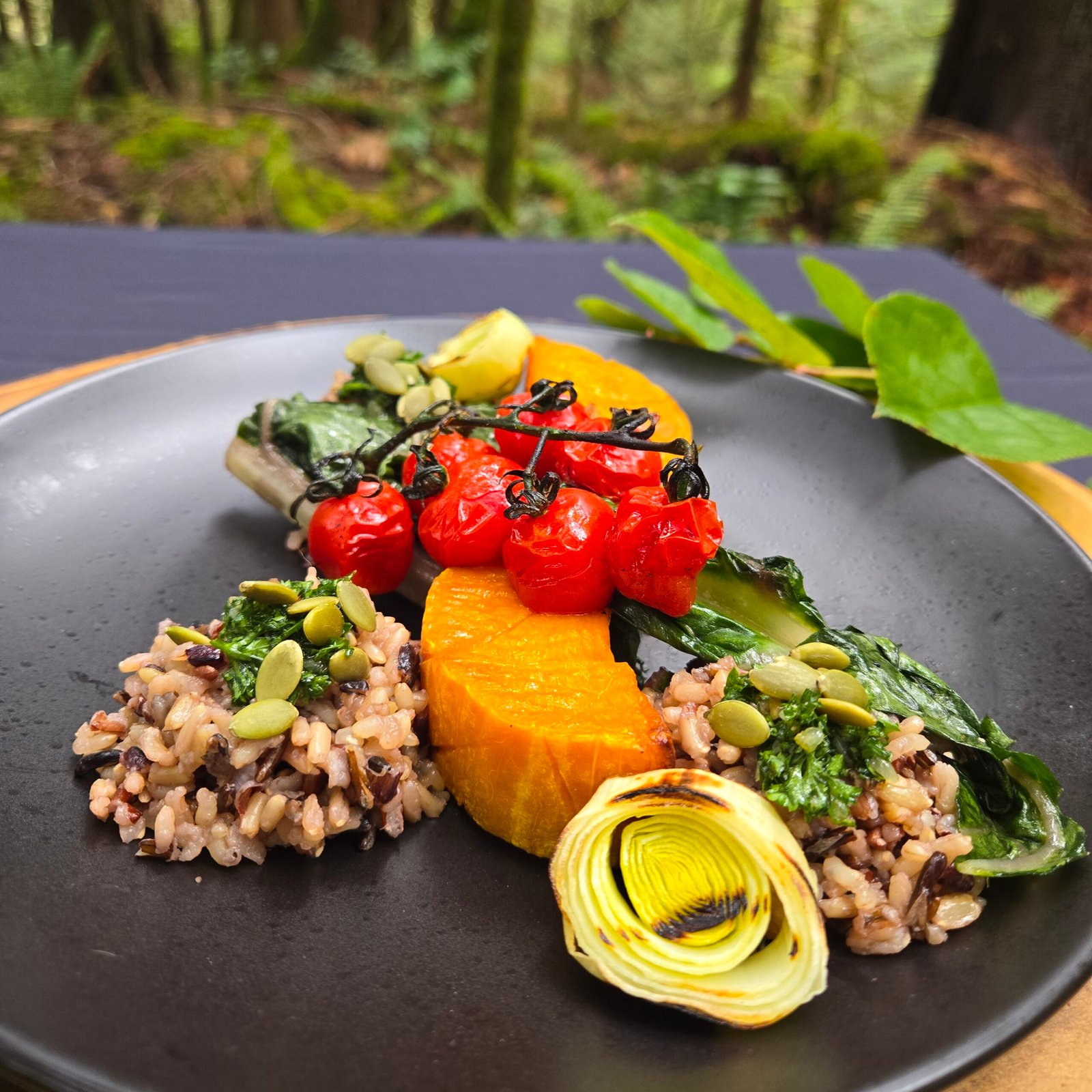 Butternut Squash with Wild Rice, Charred Tomatoes and Leeks