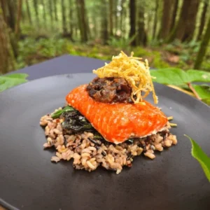 Seared Salmon with Wild Rice, Bac Fig Jam and Crispy Leeks