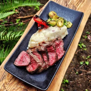 Beef Tenderloin with Flamed Peppers, brussels sprouts and Garlic Potatoes