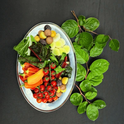 Plate full of Vegetables. Tomatoes, Peppers, Potatoes and more